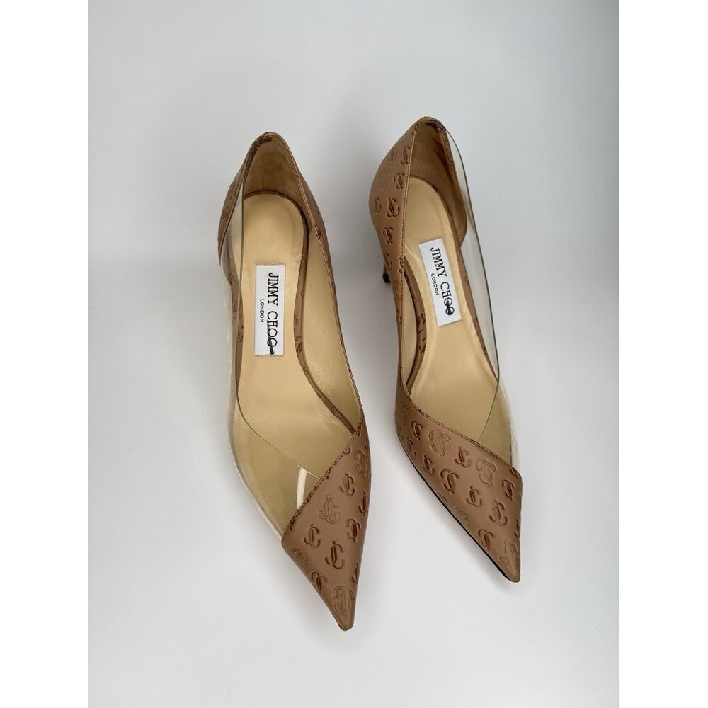 Jimmy Choo Cass 95 Leather & Vinyl Size Eu 37 US 7 Pump Beige Brown - Picture 3 of 13